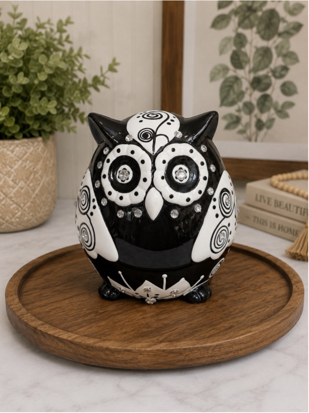 Black White Ceramic Owl Figurine Rhinestone Accents 6.5” Hobby Lobby